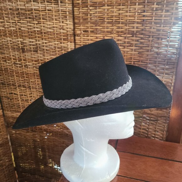 Akubra Black Snowy River Fur Felt Australian Hat 56 Never Worn Grey Hatband - Picture 3 of 13